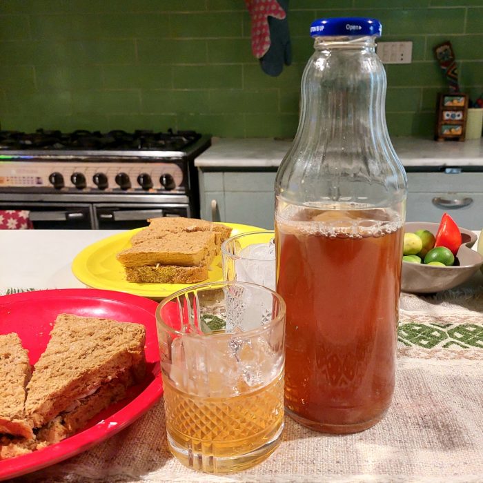 naturally fizzy kombucha drink in airtight bottle